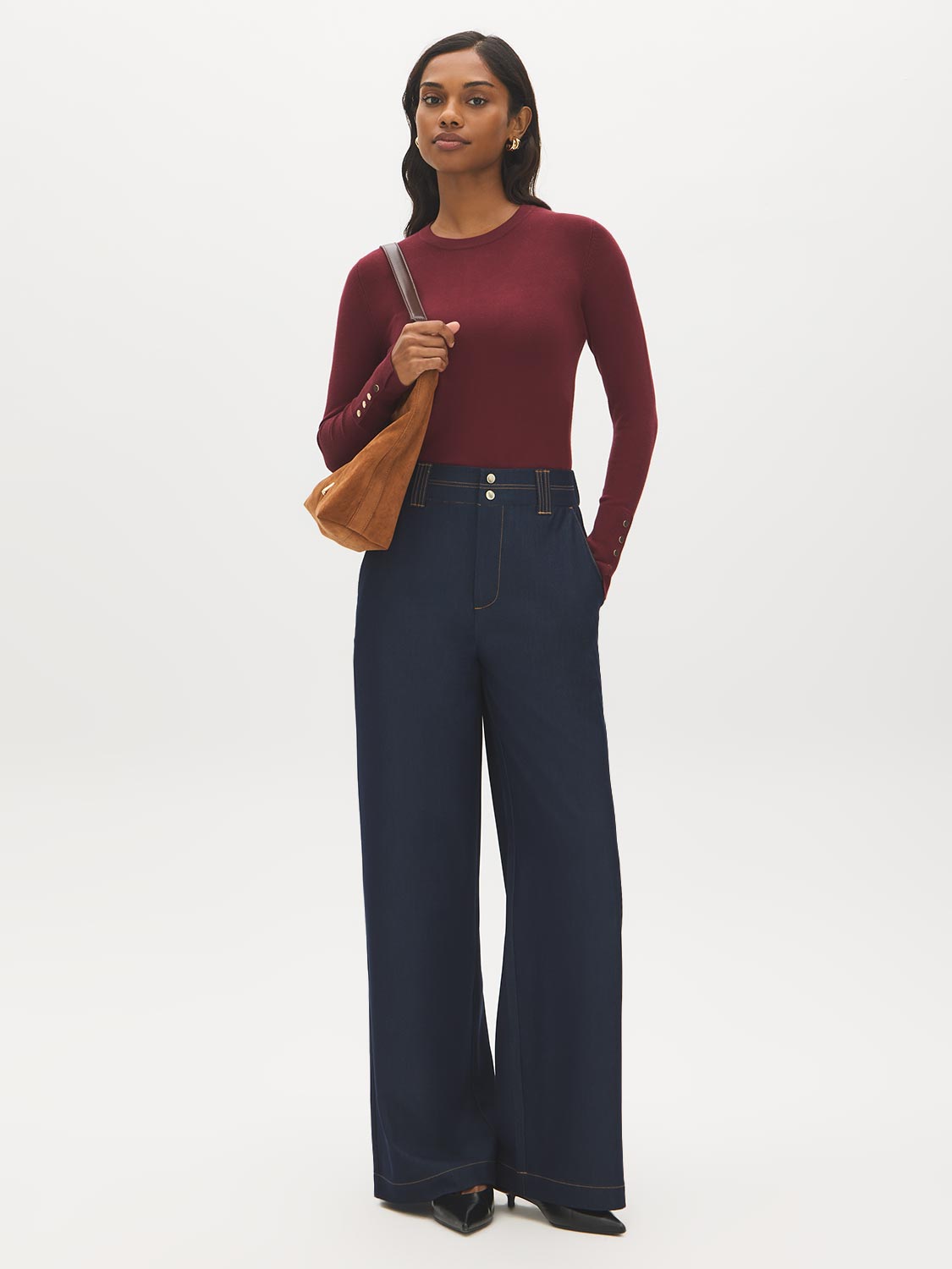 Merlot Snap Button Sleeve Knit Sweater - Woman Wearing Crew Neck Sweater with Sleeve Detail - Suzy Shier