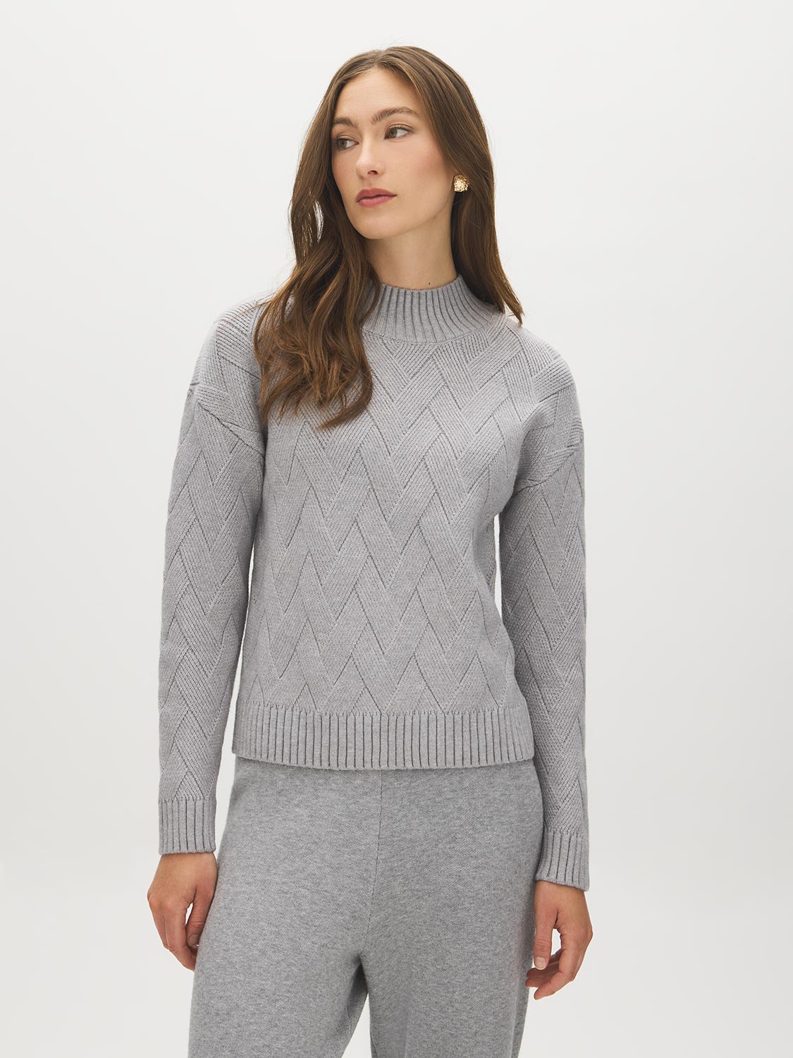 Cloud Gray Diagonal Stitch Mock Neck Sweater - Woman Wearing Ribbed Knit Top - Suzy Shier