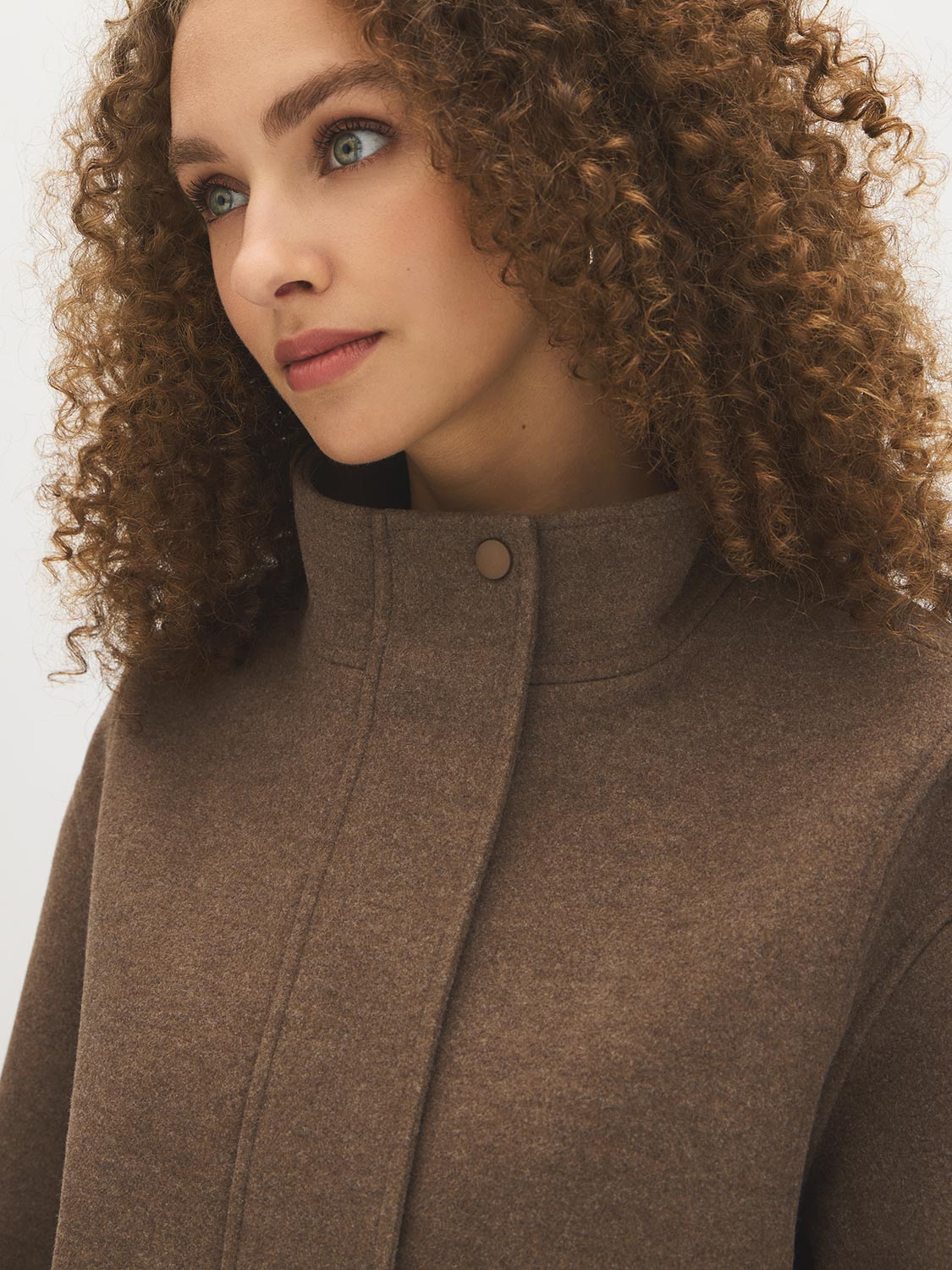 Brown Melange Faux Wool Short Funnel Neck Jacket - Close-up Funnel Neck Detail - Suzy Shier