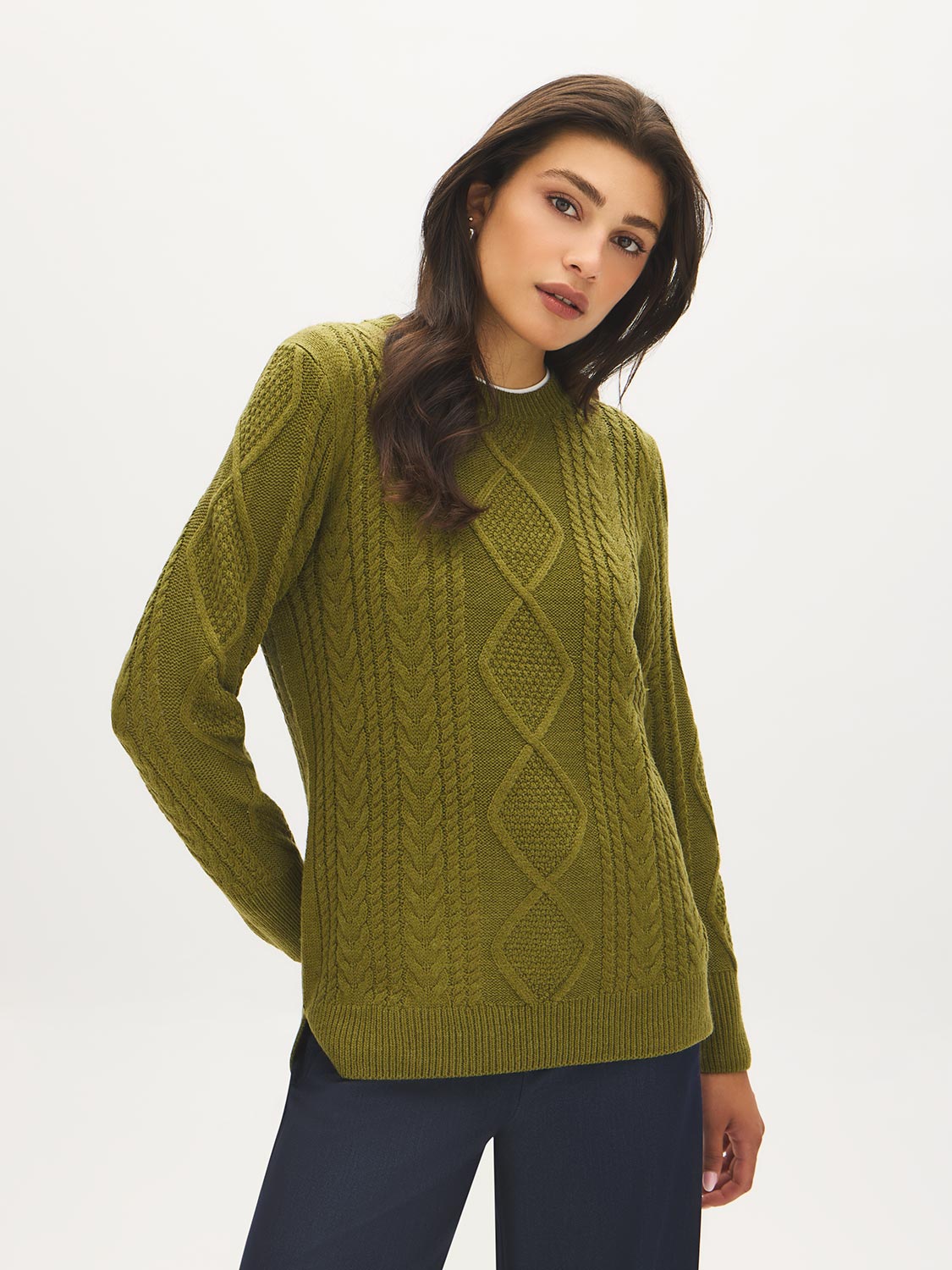 Pistachio Melange Cable Knit Crew Neck Sweater - Woman Wearing Textured Knit Sweater - Suzy Shier