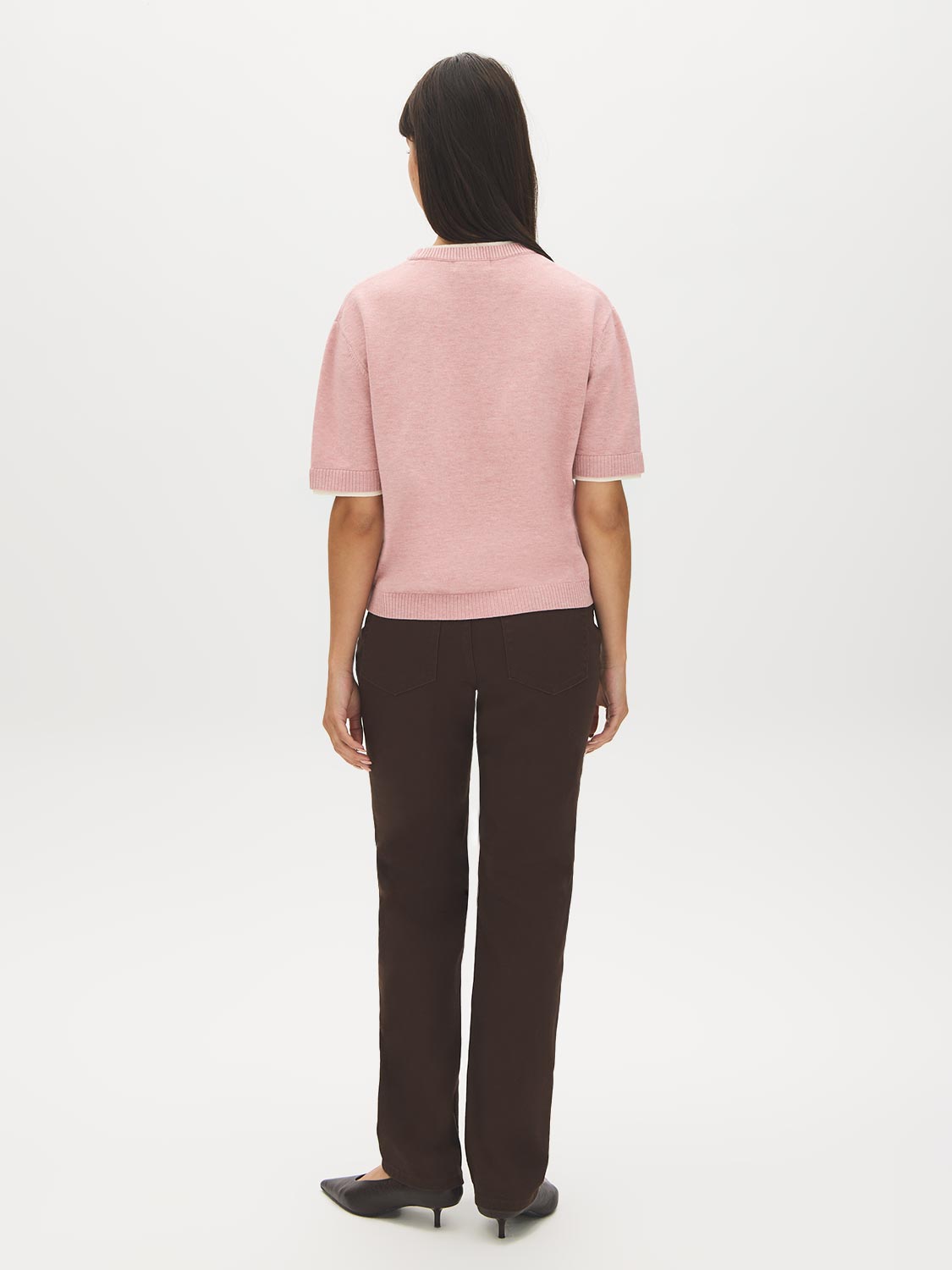 Zephyr/Off White Short Sleeve Double Layer Knit Sweater - Back View - Suzy Shier