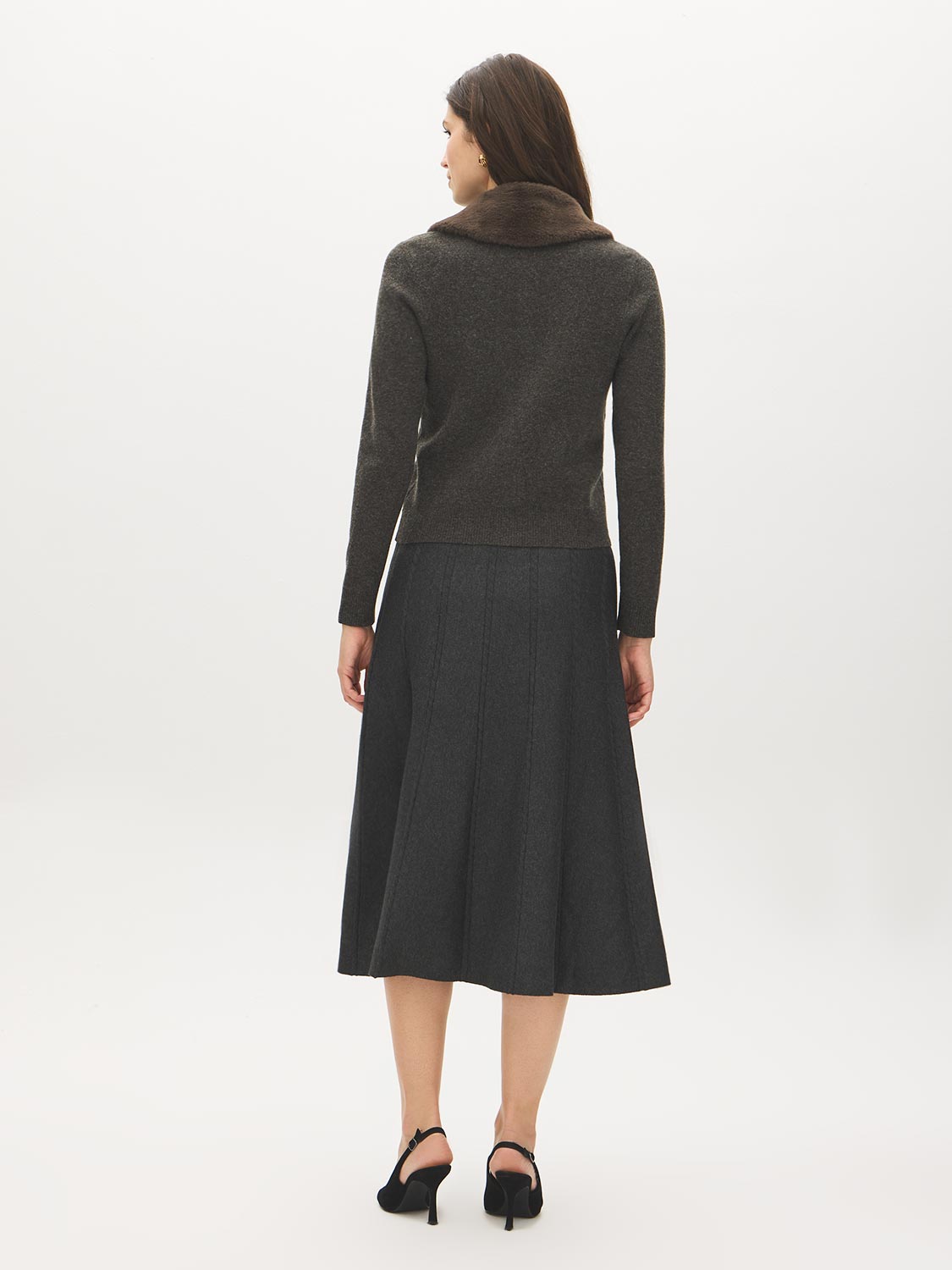 Dark Grey Knit Sweater Cardigan with Removable Fur Collar - Back View - Suzy Shier