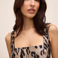 Antique Gold/Black Jacquard Animal Fit & Flare Mini Dress - Close-up Neckline Detail - Le Chateau