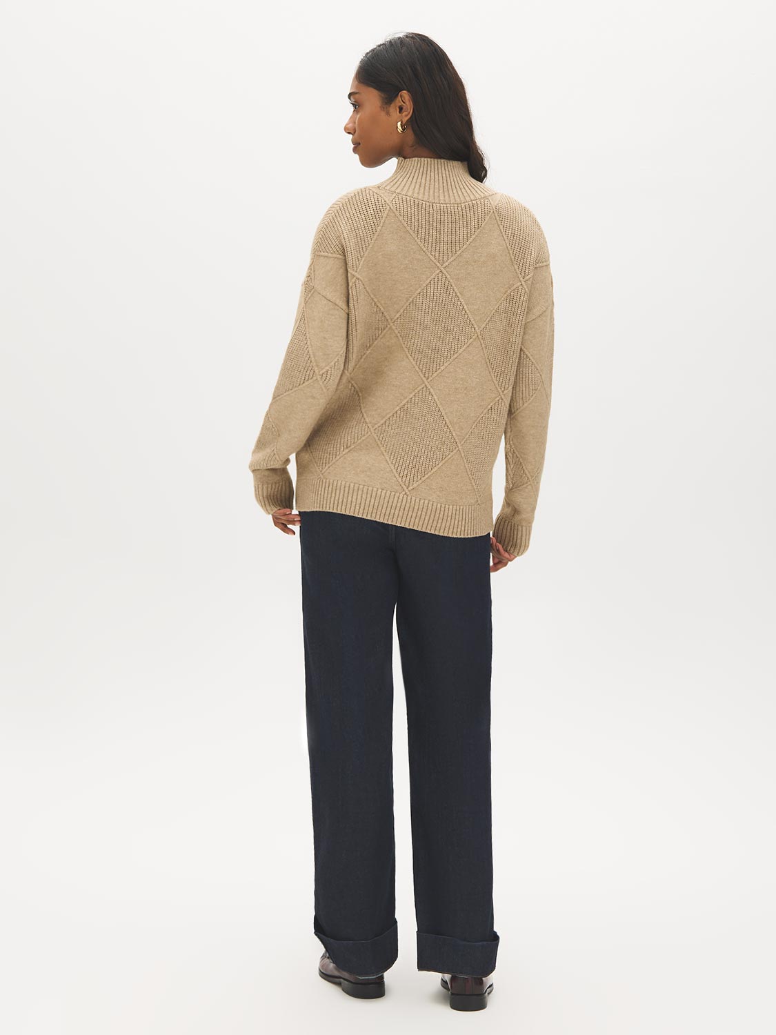 Tan Melange Mock Neck Sweater with Diamond Pattern - Back View - Suzy Shier