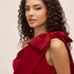 Lipstick Red Satin Bow One-Shoulder Velour Top - Bow Detail - Le Chateau