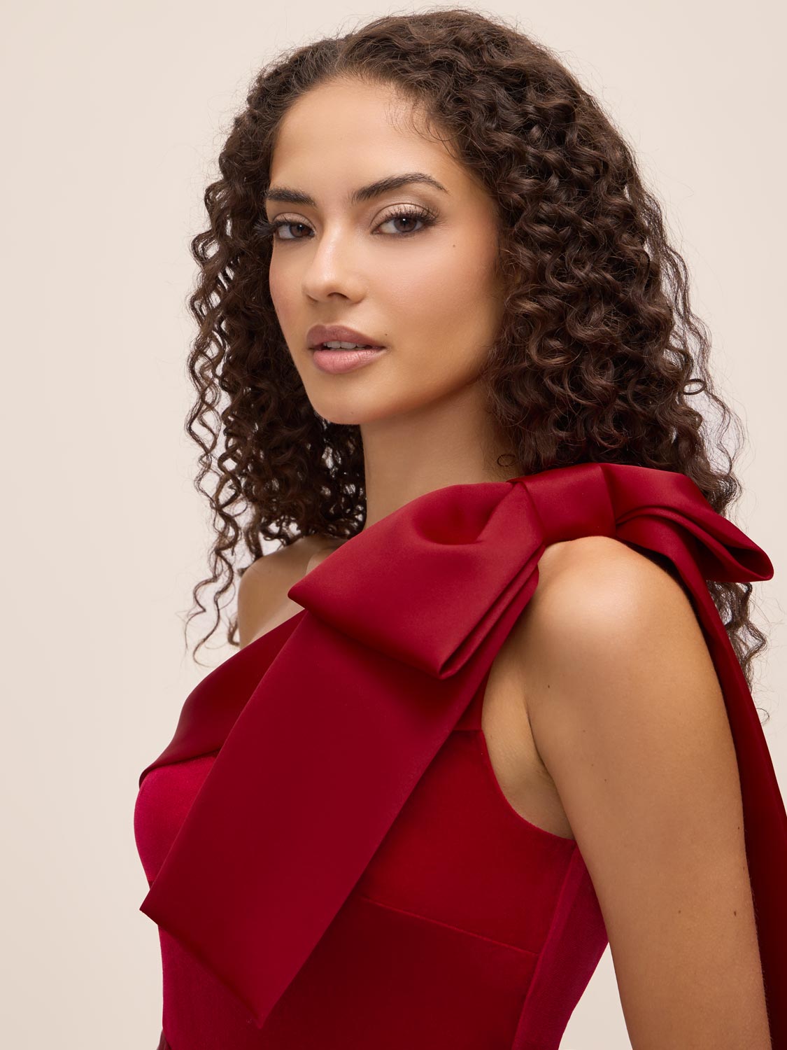 Lipstick Red Satin Bow One-Shoulder Velour Top - Bow Detail - Le Chateau