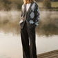 Charcoal V-Neck Button-Front Cardigan - Woman Wearing Knit Sweater with Patch Pockets - Suzy Shier