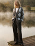 Charcoal V-Neck Button-Front Cardigan - Woman Wearing Knit Sweater with Patch Pockets - Suzy Shier