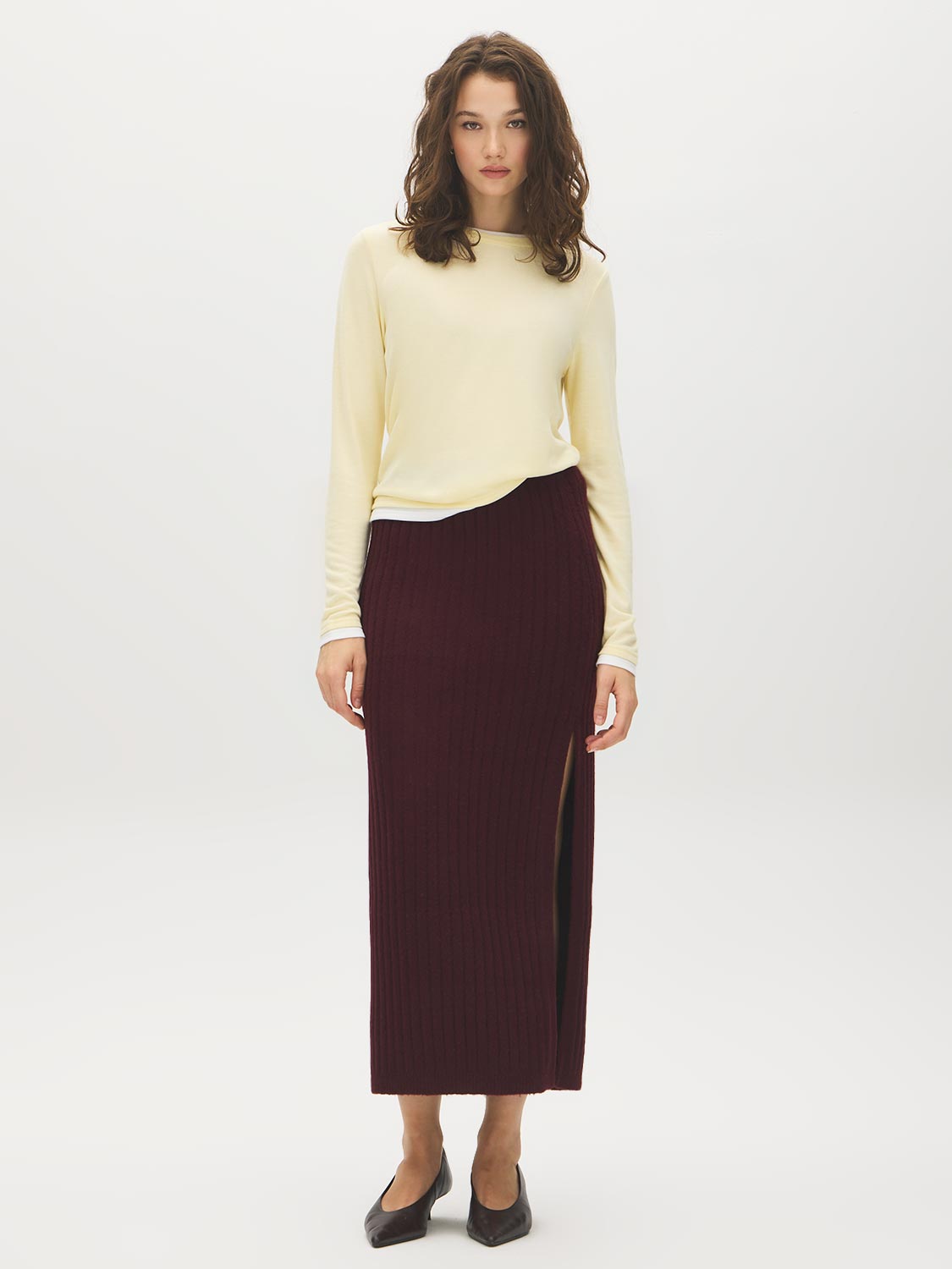 Bruised Burgundy Melange Ribbed Knit Sweater Skirt with Side Slit - Front View - Suzy Shier