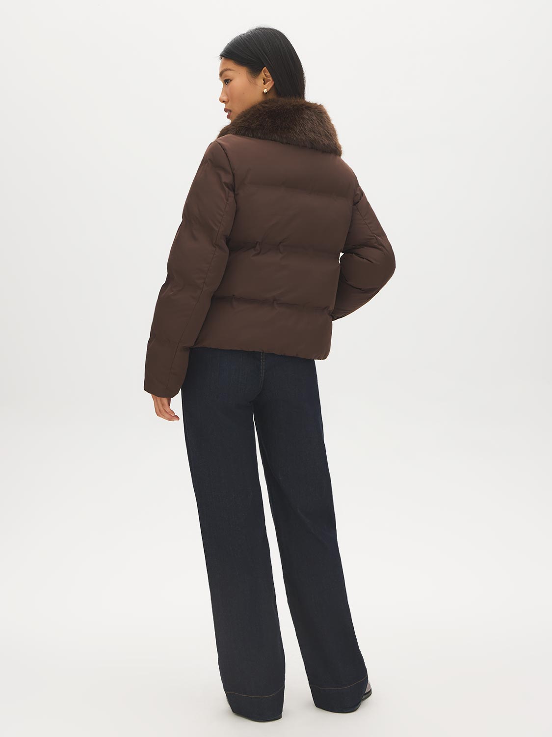 Coffee Bean Short Puffer Jacket with Faux Fur Collar - Back View - Suzy Shier