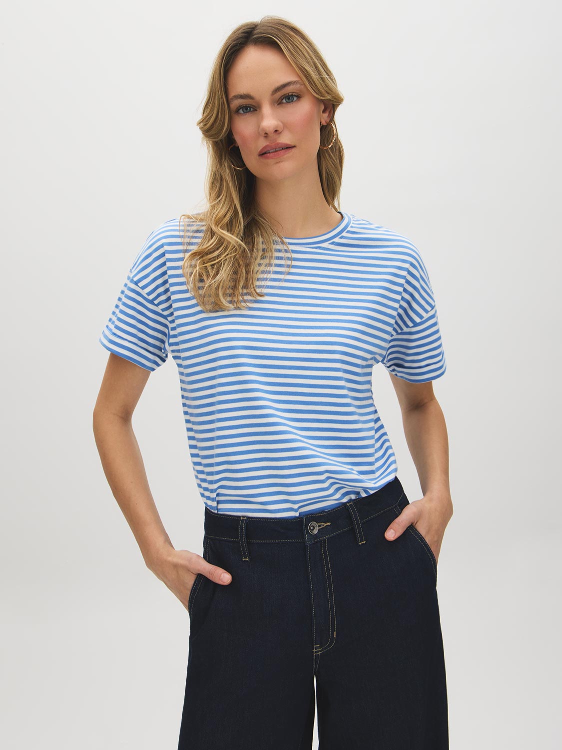 Blue Yonder Stripe Striped Cotton Crew Neck Tee - Woman Wearing Loose Fit Striped Tee - Suzy Shier