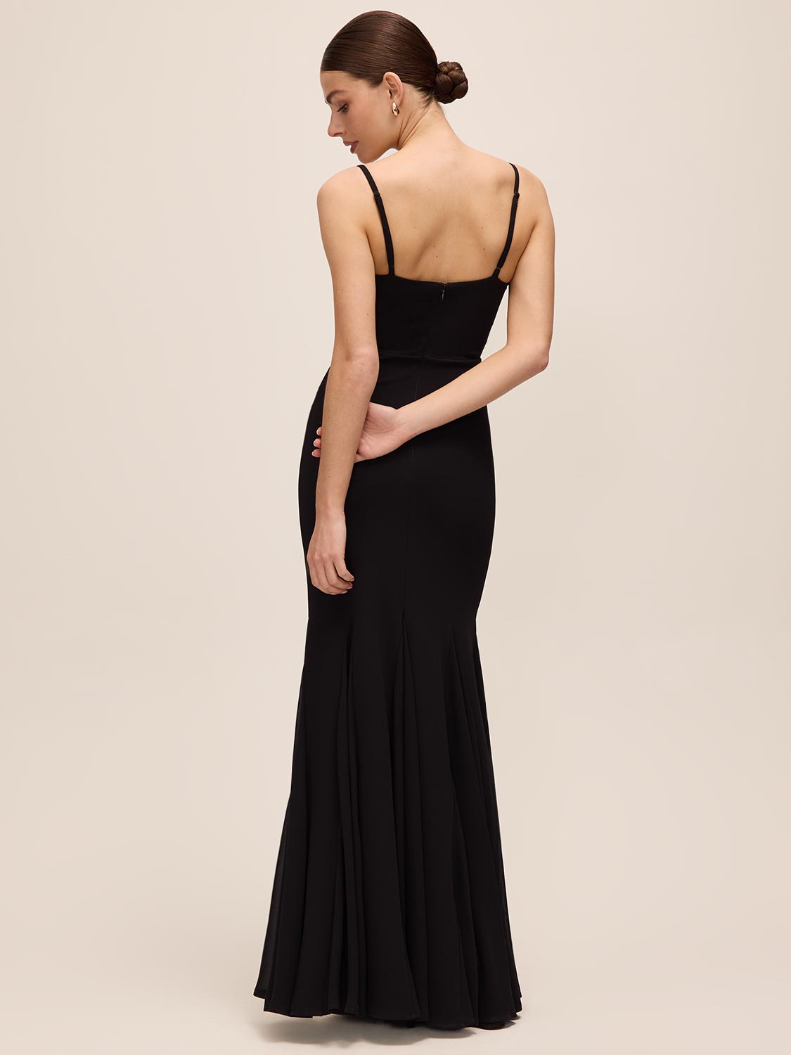 Black Knit Crepe Gown with Chiffon Godet Inserts - Back View - Le Chateau