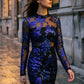 Sapphire/Black Mock Neck Mesh Mini Dress - Floral Sequin Pattern Evening Dress - Le Chateau