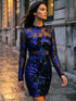 Sapphire/Black Mock Neck Mesh Mini Dress - Floral Sequin Pattern Evening Dress - Le Chateau