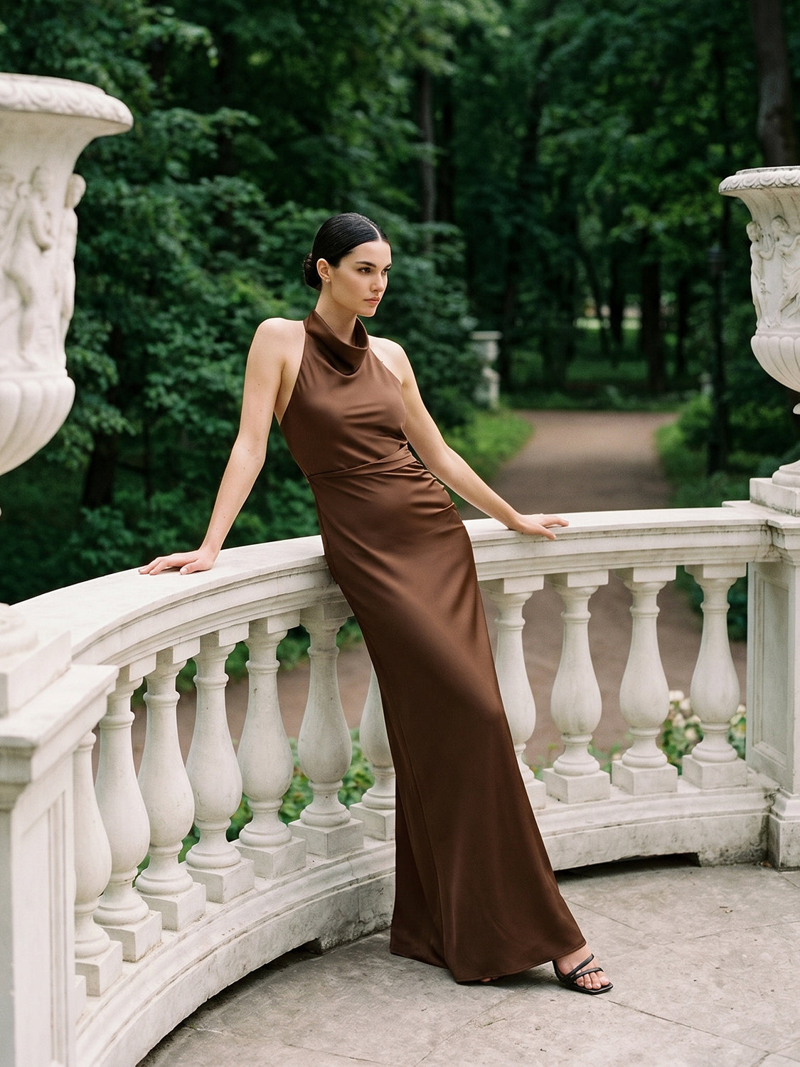 Mocha Cowl Neck Gown with Side Pleat - Woman Wearing Floor-Length Evening Dress - Le Chateau