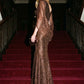Bronze Metallic Crinkle Knit Gown with Cape - Woman Wearing Elegant Evening Dress - Le Chateau