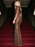 Bronze Metallic Crinkle Knit Gown with Cape - Woman Wearing Elegant Evening Dress - Le Chateau
