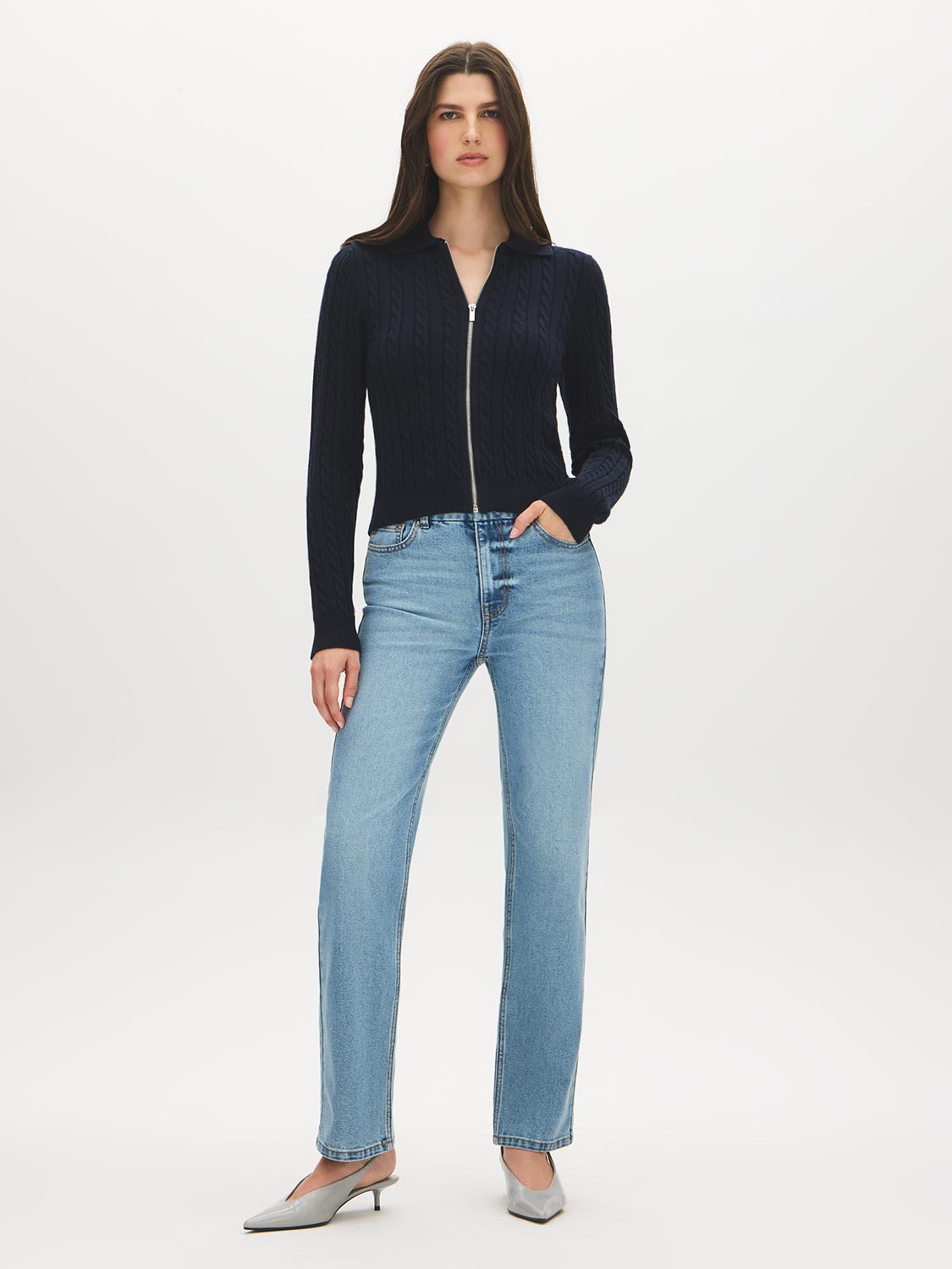 Inkwell Cable Stitch Zip-Front Sweater - Front View - Suzy Shier