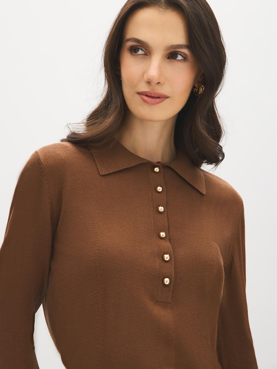 Windchime Pointelle Knit Sweater with Shirt Collar - Close-up Button Detail - Suzy Shier