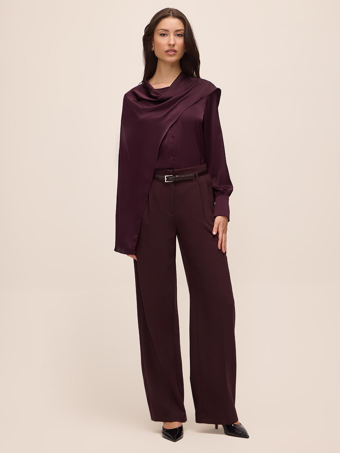 Eggplant Belted Pleated Wide-Leg Pant - Woman Wearing High-Waisted Trousers - Le Chateau