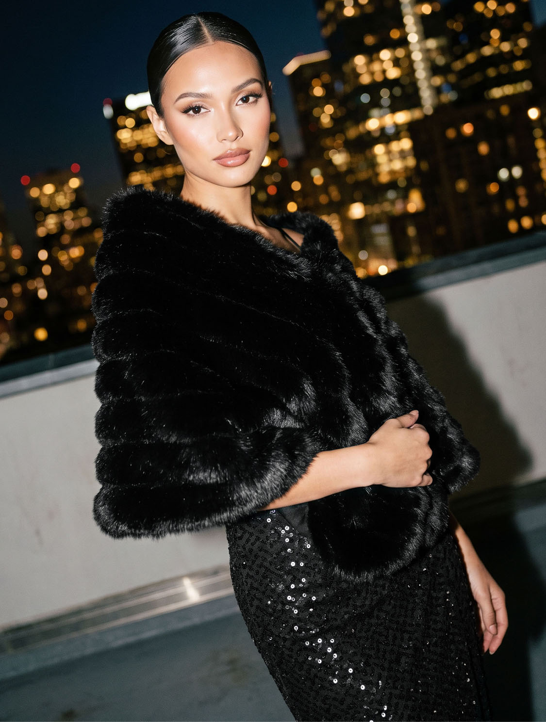 Black Fur-Striped Shawl with Jewel Trim Closure - Woman Wearing Elegant Evening Cover-Up - Le Chateau