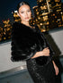 Black Fur-Striped Shawl with Jewel Trim Closure - Woman Wearing Elegant Evening Cover-Up - Le Chateau