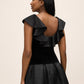 Black Satin Ruffle Low Back Velour Top - Back View - Le Chateau