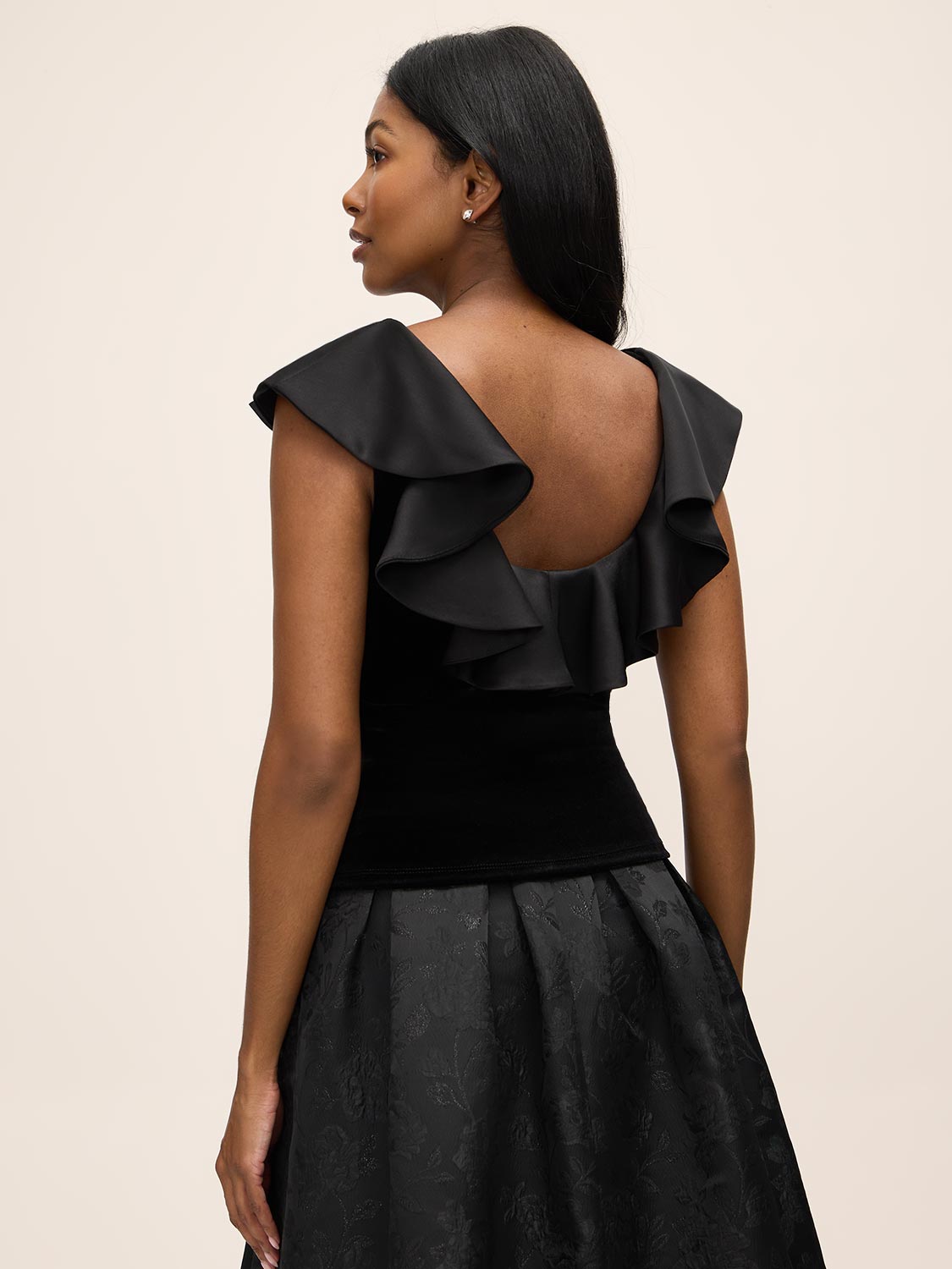 Black Satin Ruffle Low Back Velour Top - Back View - Le Chateau