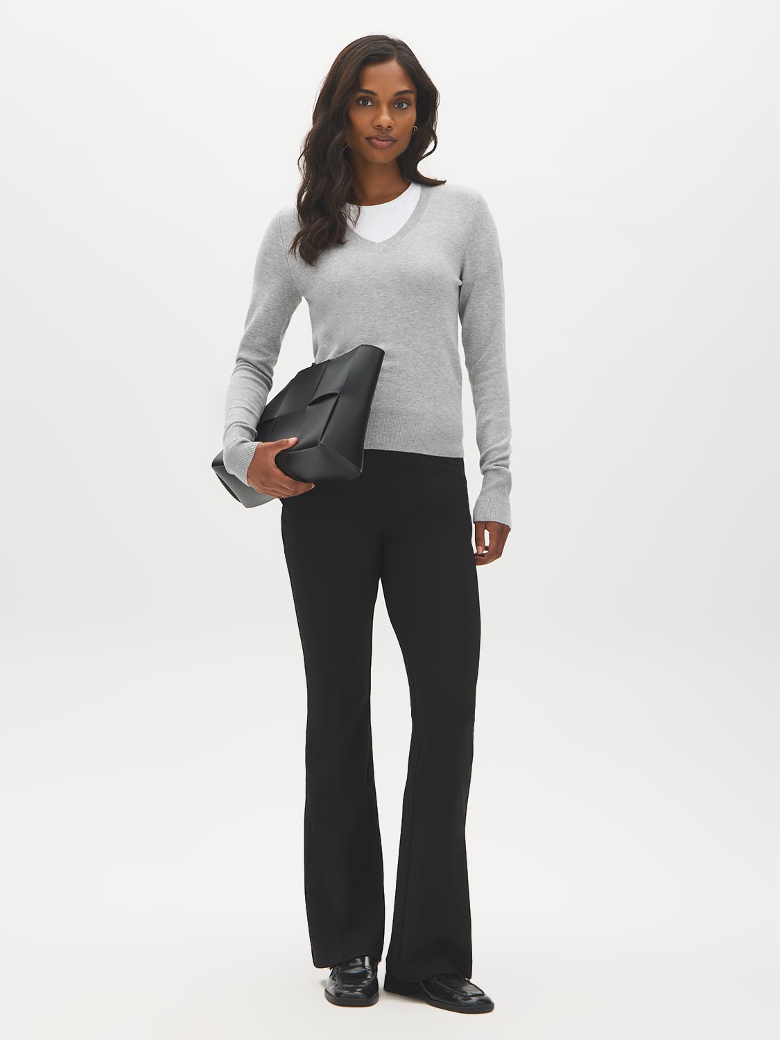 Black Pull-On Fit & Flare Knit Pants - Woman Wearing Flared Leg Trousers - Suzy Shier