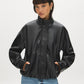 Black Vegan Leather Bomber Jacket with Funnel Neck - Woman Wearing Stylish Outerwear - Suzy Shier