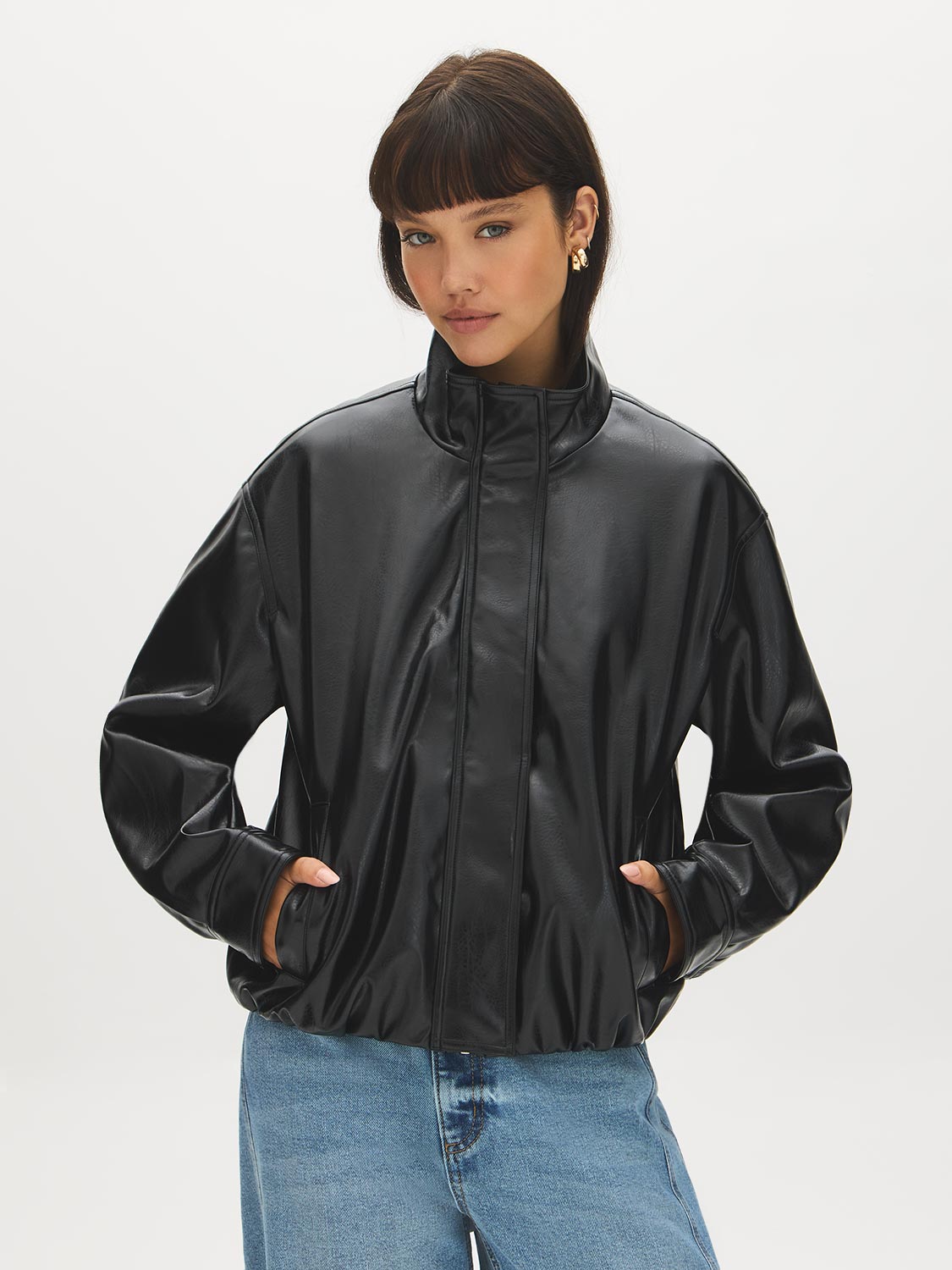Black Vegan Leather Bomber Jacket with Funnel Neck - Woman Wearing Stylish Outerwear - Suzy Shier