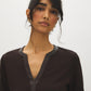Coffee Bean Jacquard Knit Top with PU Trim - Collar Detail - Suzy Shier