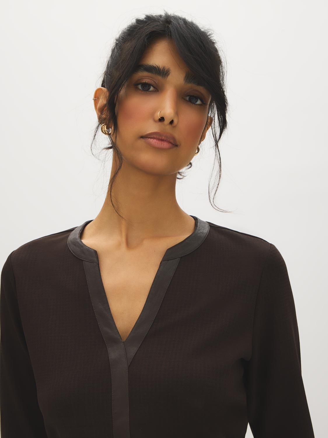 Coffee Bean Jacquard Knit Top with PU Trim - Collar Detail - Suzy Shier