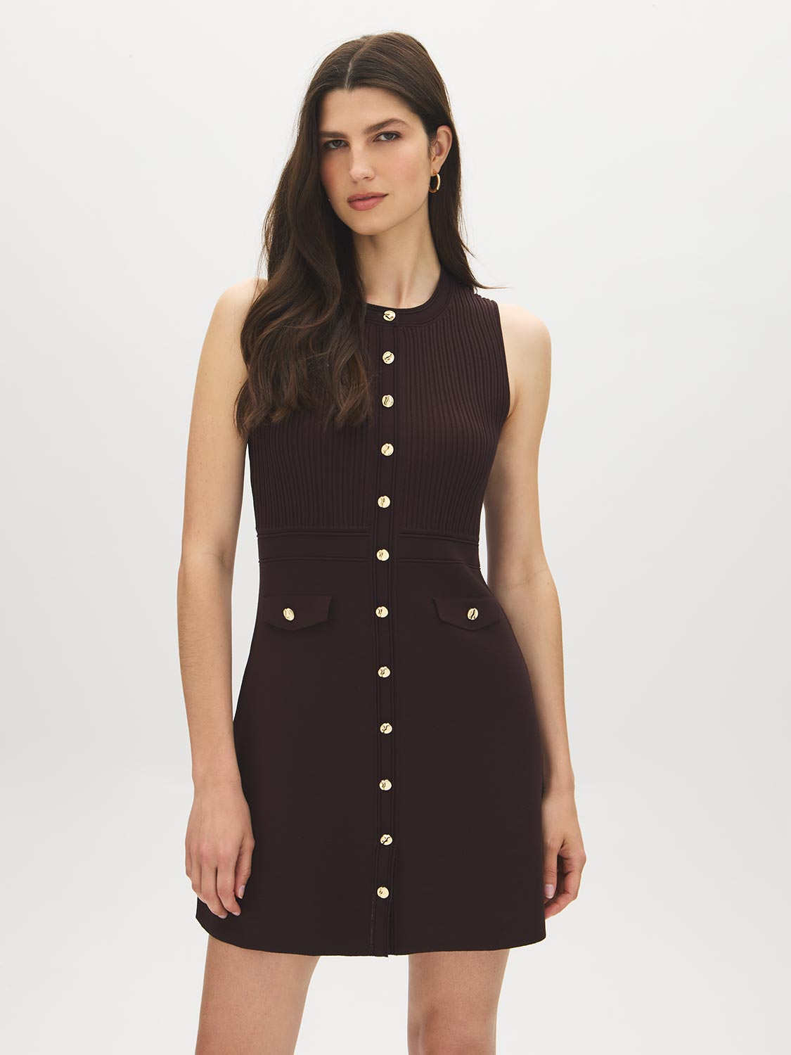 Milk Chocolate Sleeveless Knit Sweater Dress with Button Detail - Front View - Suzy Shier