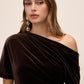 Chocolate Velour Gown with Asymmetrical Neckline - Close-up Neckline Detail - Le Chateau