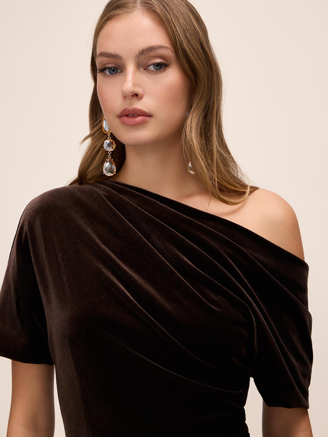 Chocolate Velour Gown with Asymmetrical Neckline - Close-up Neckline Detail - Le Chateau