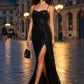 Black Sequin Mesh Gown with Bustier Upper - Woman Wearing Floor-Length Evening Dress with Side Slit - Le Chateau