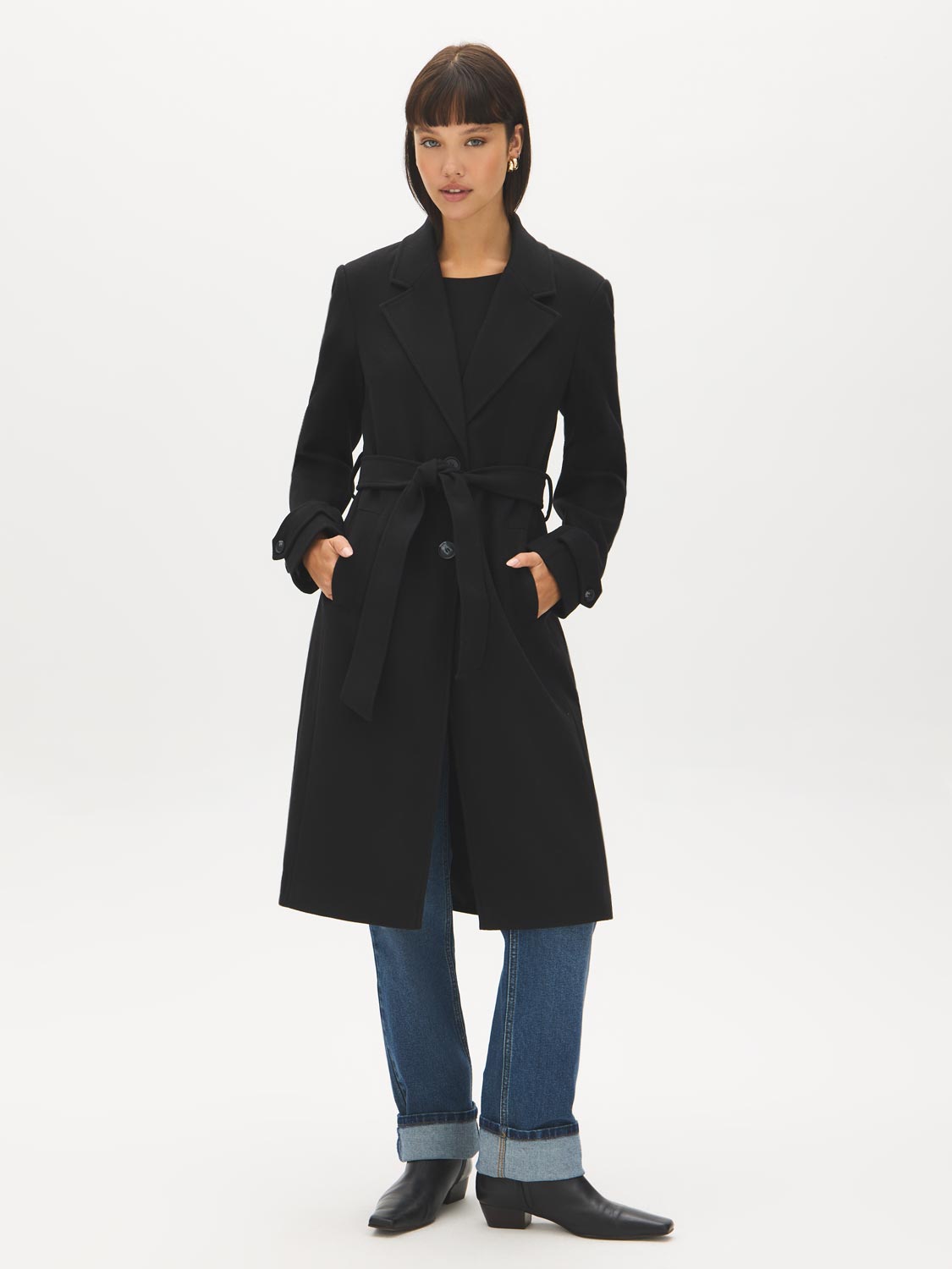 Chicory Coffee Faux Wool Mid-Length Wrap Coat - Woman Wearing Belted Outerwear - Suzy Shier
