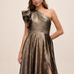 Antique Gold Jacquard One-Shoulder Ruffle Ballgown - Front View - Le Chateau