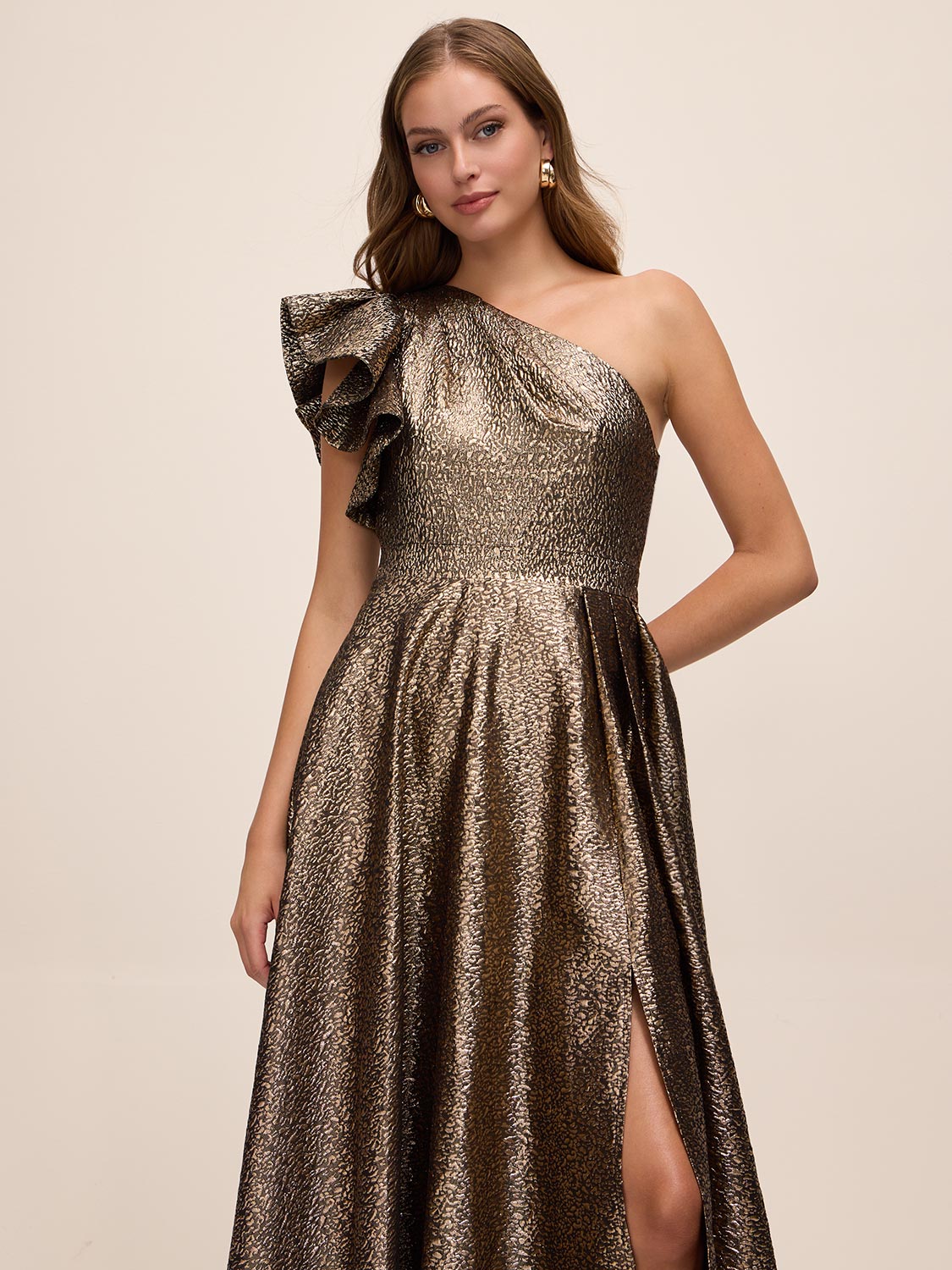 Antique Gold Jacquard One-Shoulder Ruffle Ballgown - Front View - Le Chateau