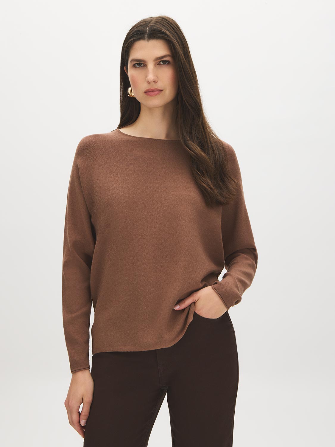 Bison Dolman Sleeve Knit Sweater - Woman Wearing Relaxed Knit Top - Suzy Shier