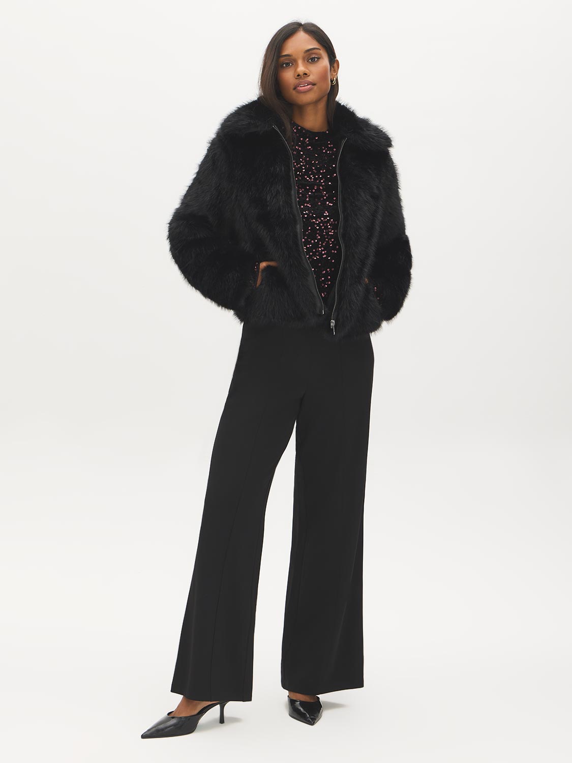 Black Purple Sequin Velvet Top with Mock Neck - Styled with Jacket - Suzy Shier