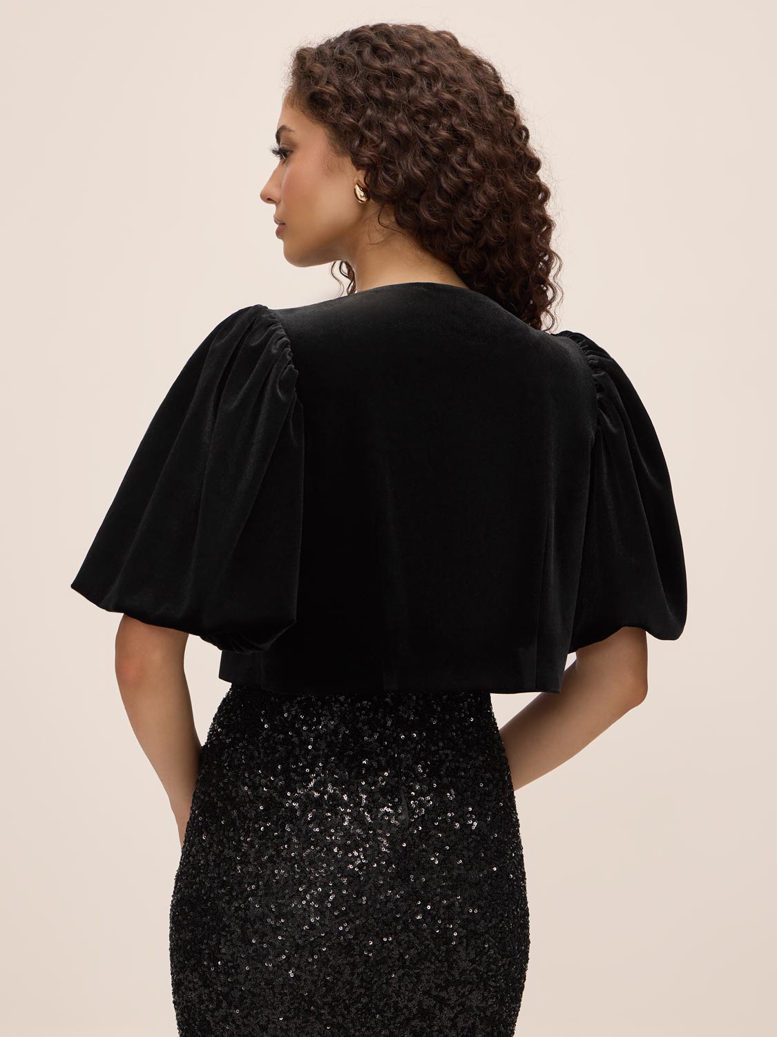 Black Velour Bolero with Satin Bow Ties - Back View - Le Chateau