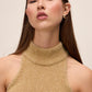 Gold Sleeveless Tinsel Lurex Knit Sweater - Close-up Collar Detail - Le Chateau