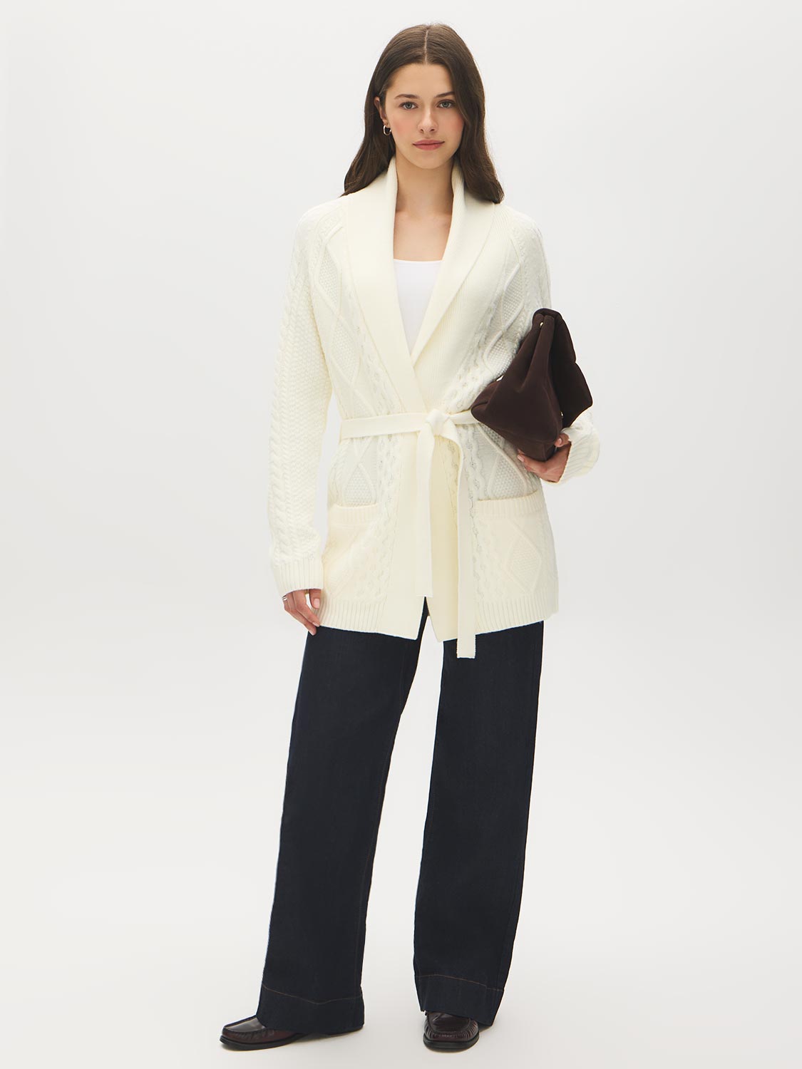 Rice Cable Knit Shawl Collar Sweater - Front View - Suzy Shier