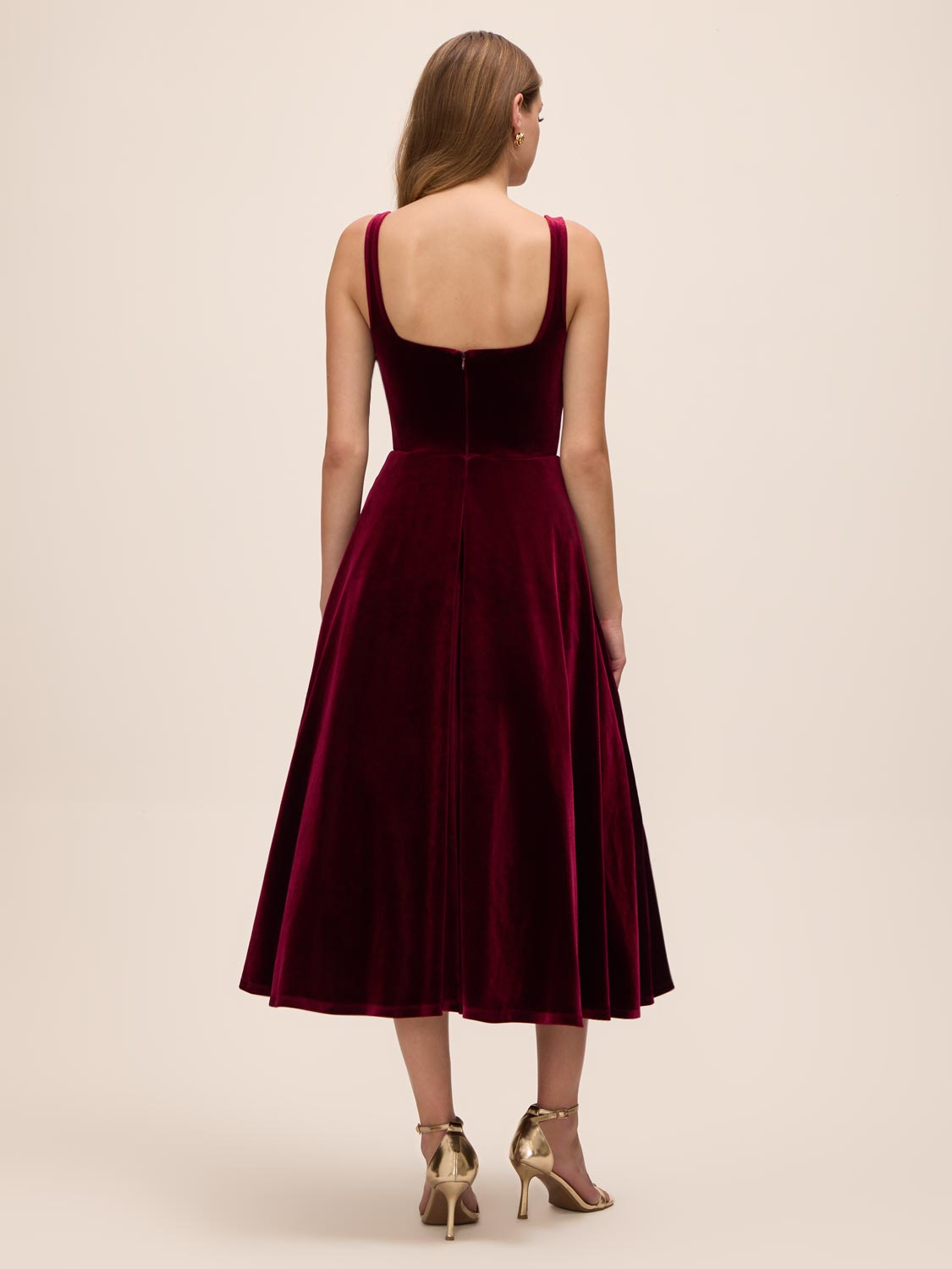 Burgundy Square Neck Velour Fit & Flare Cocktail Dress - Back View - Le Chateau