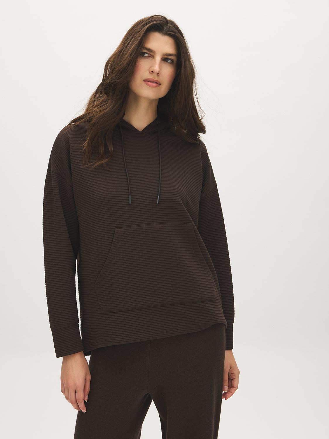 Dk Brown Ottoman Rib Hoodie with Kangaroo Pocket - Front View - Suzy Shier