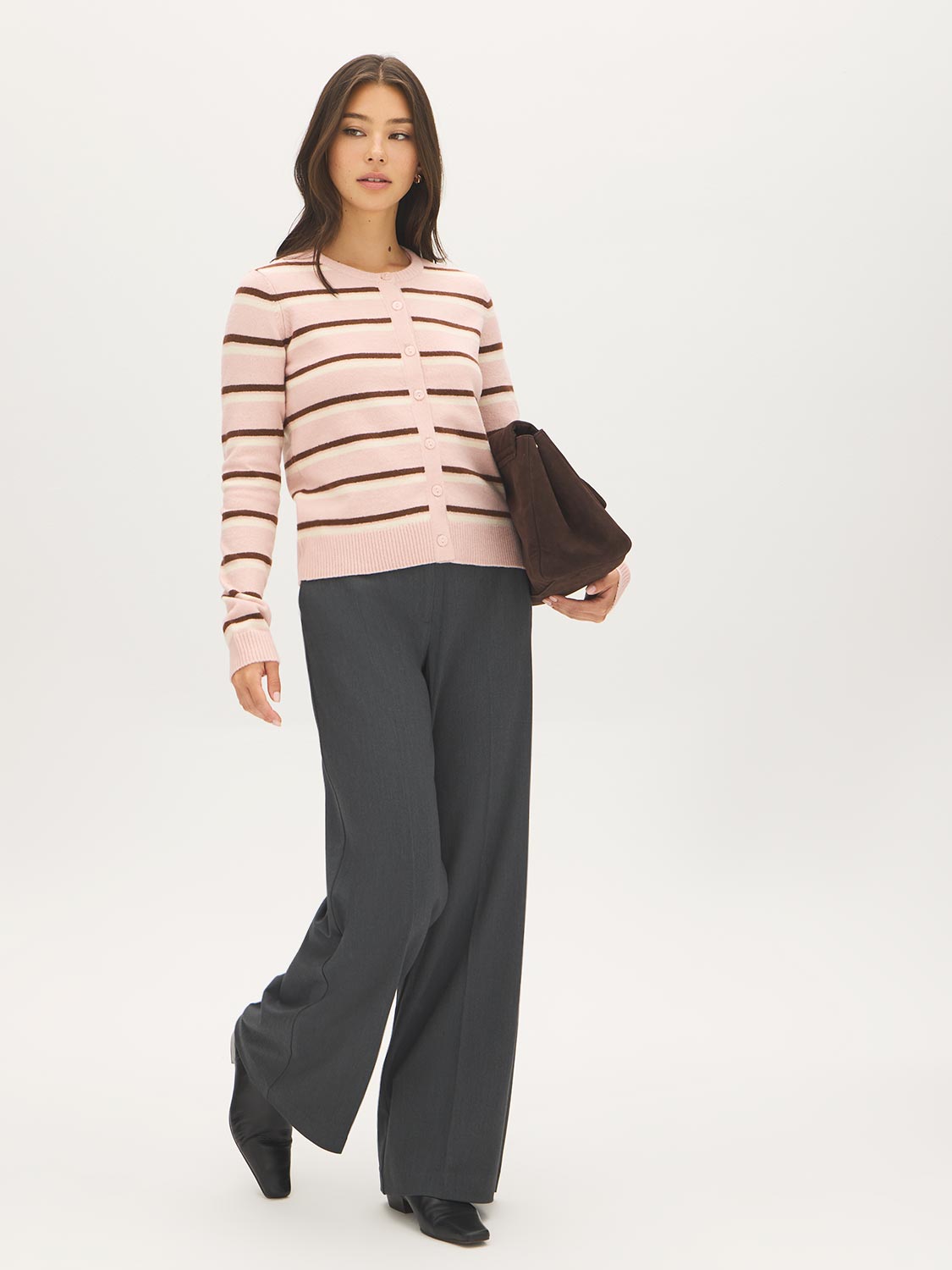 Pink/Brown/Ivory Striped Button-Front Cardigan - Side Profile View - Suzy Shier