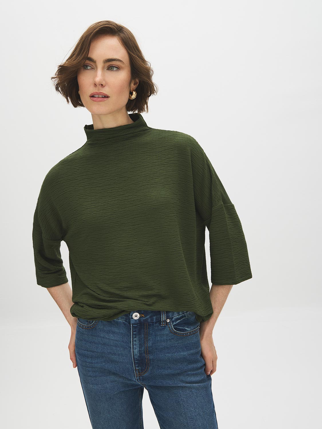 Deep Depths/Chive Textured Funnel Neck Boxy Tee - Woman Wearing Relaxed Fit Top - Suzy Shier