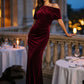 Burgundy Velour Gown with Asymmetrical Neckline - Woman Wearing Elegant Evening Dress - Le Chateau